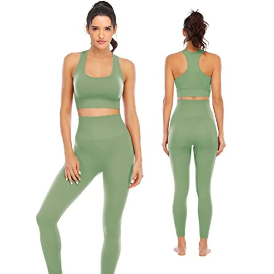 Womens Workout Set Two Piece Padded Seamless Leggings Sports Bra