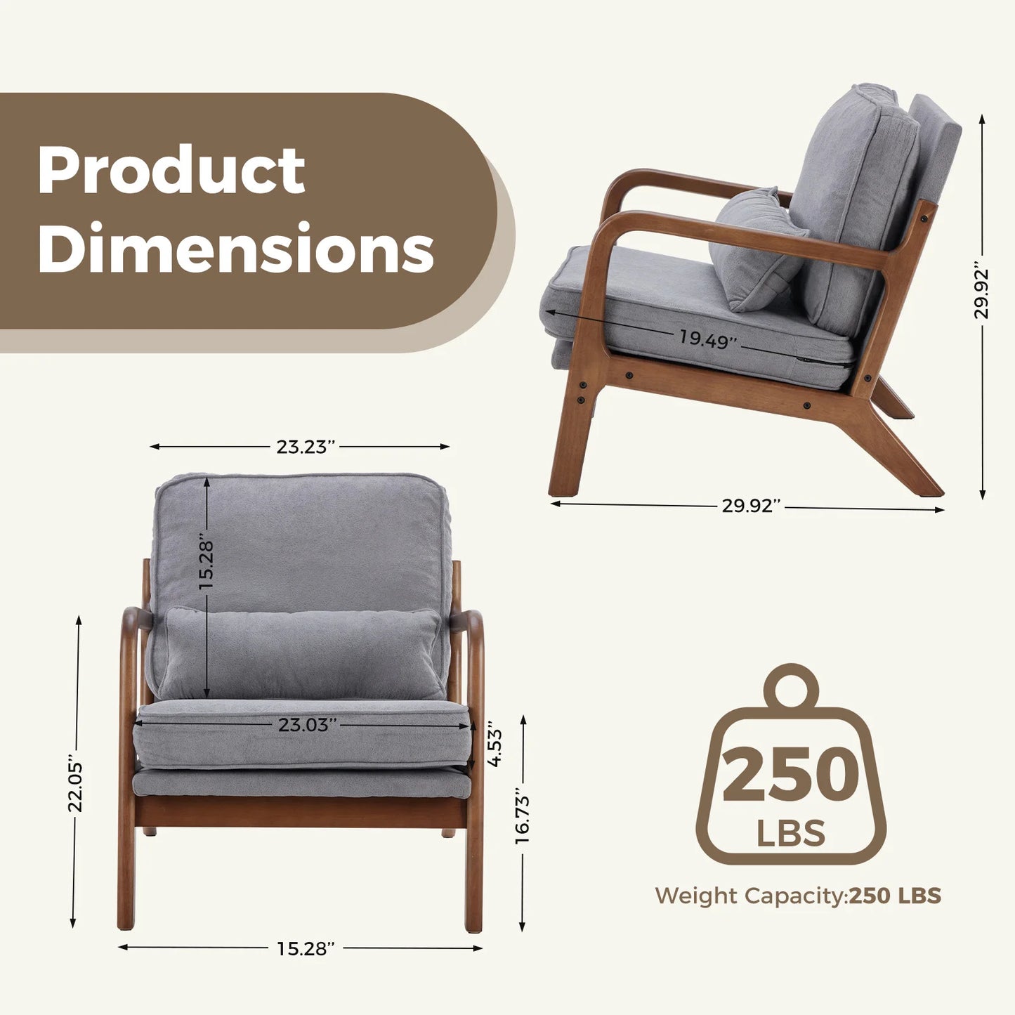 JHK Mid Century Modern Wooden Chair With Armrests And Cushion