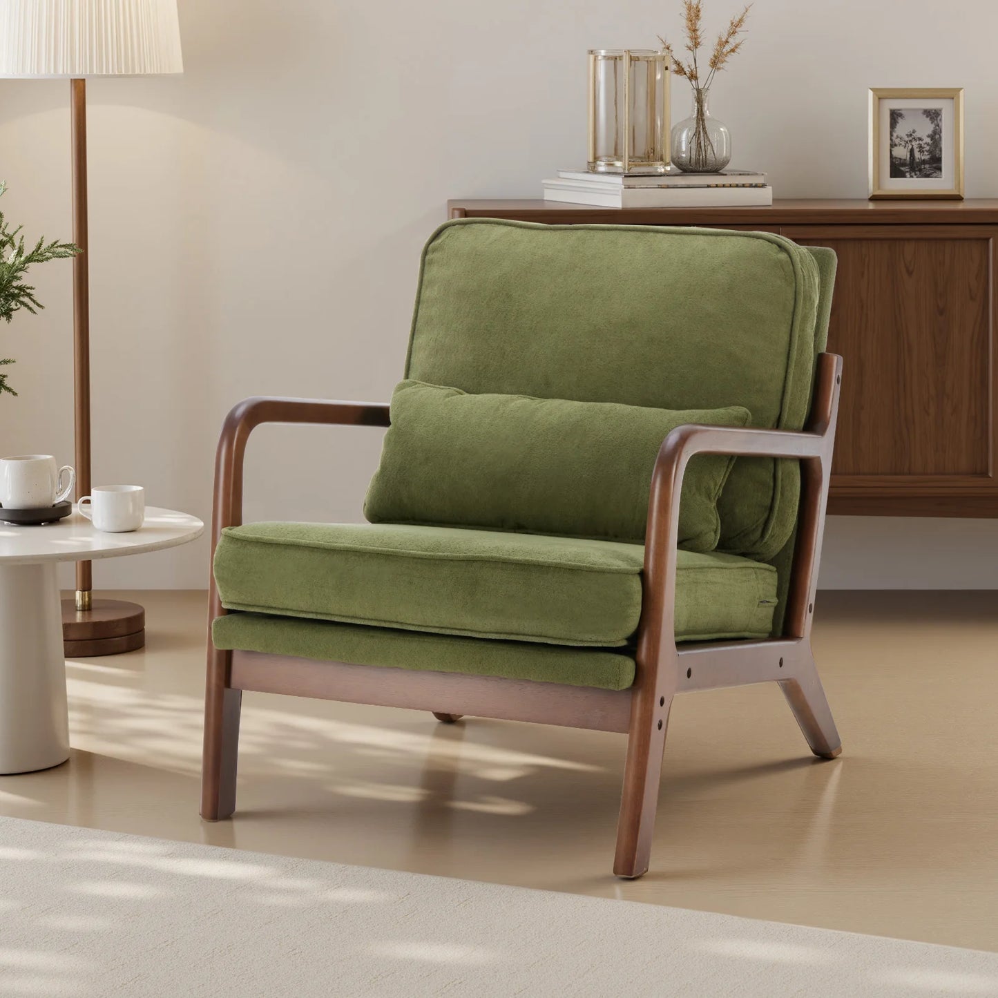 JHK Mid Century Modern Wooden Chair With Armrests And Cushion