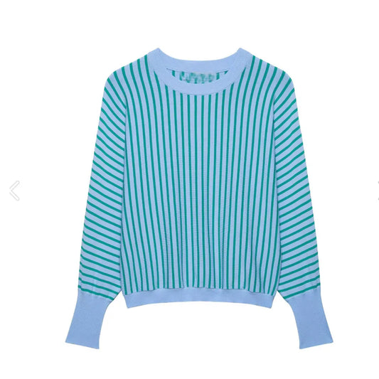 Striped Knit Pullover Women Casual Soft Sweater Top
