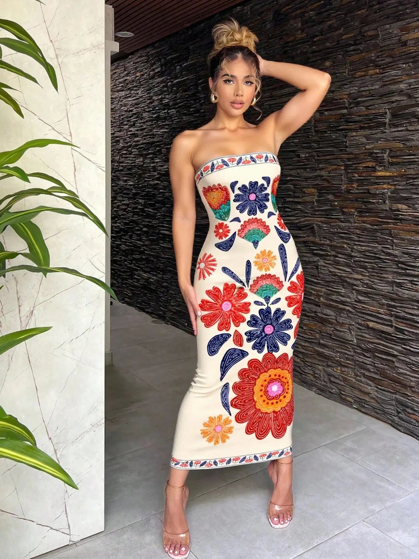 Bohemian Green Tropical Print Strapless Bodycon Dress For Vacation