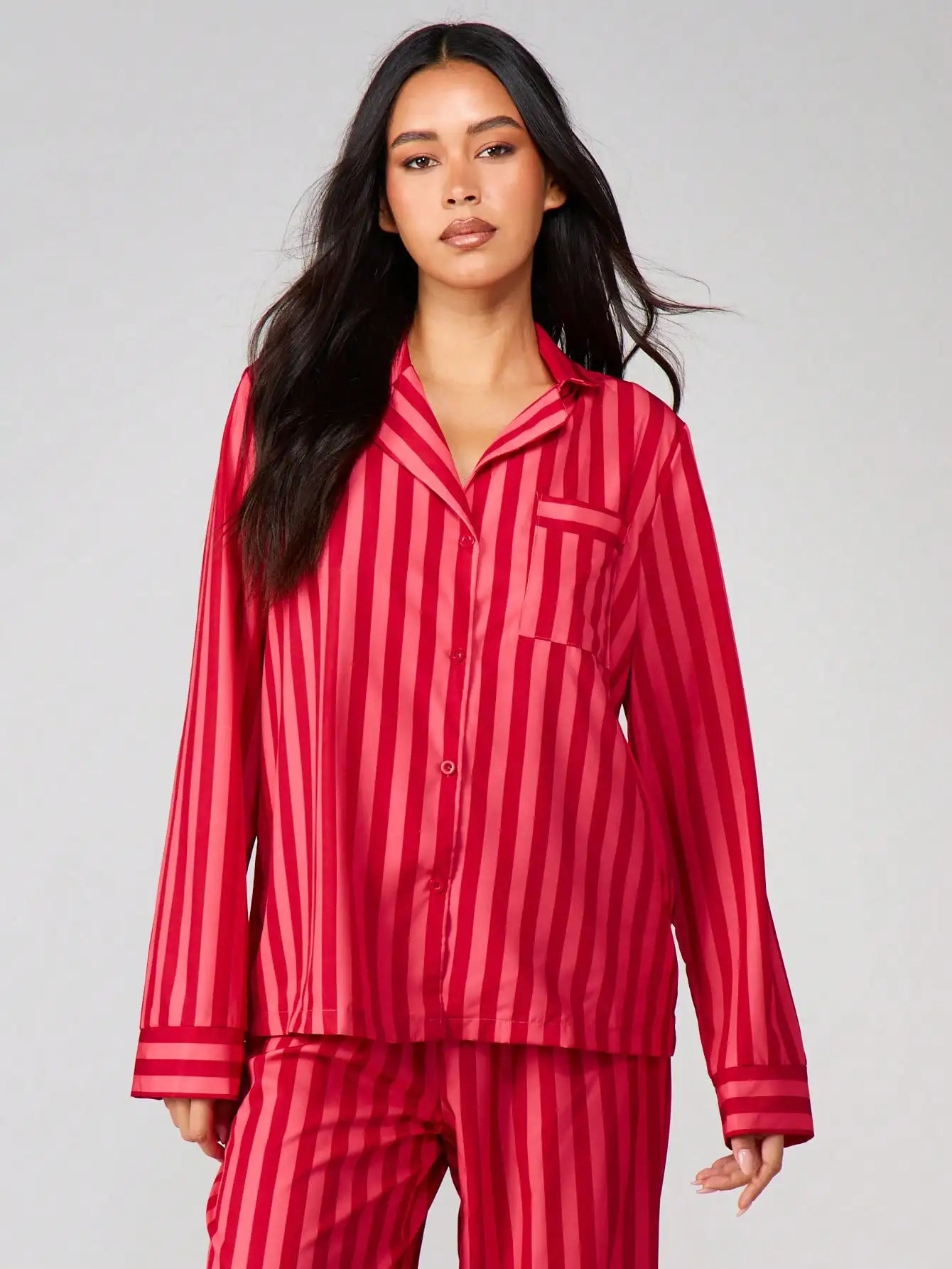 Red and Pink Striped Long Sleeve Button-Up Pajama Set for Women