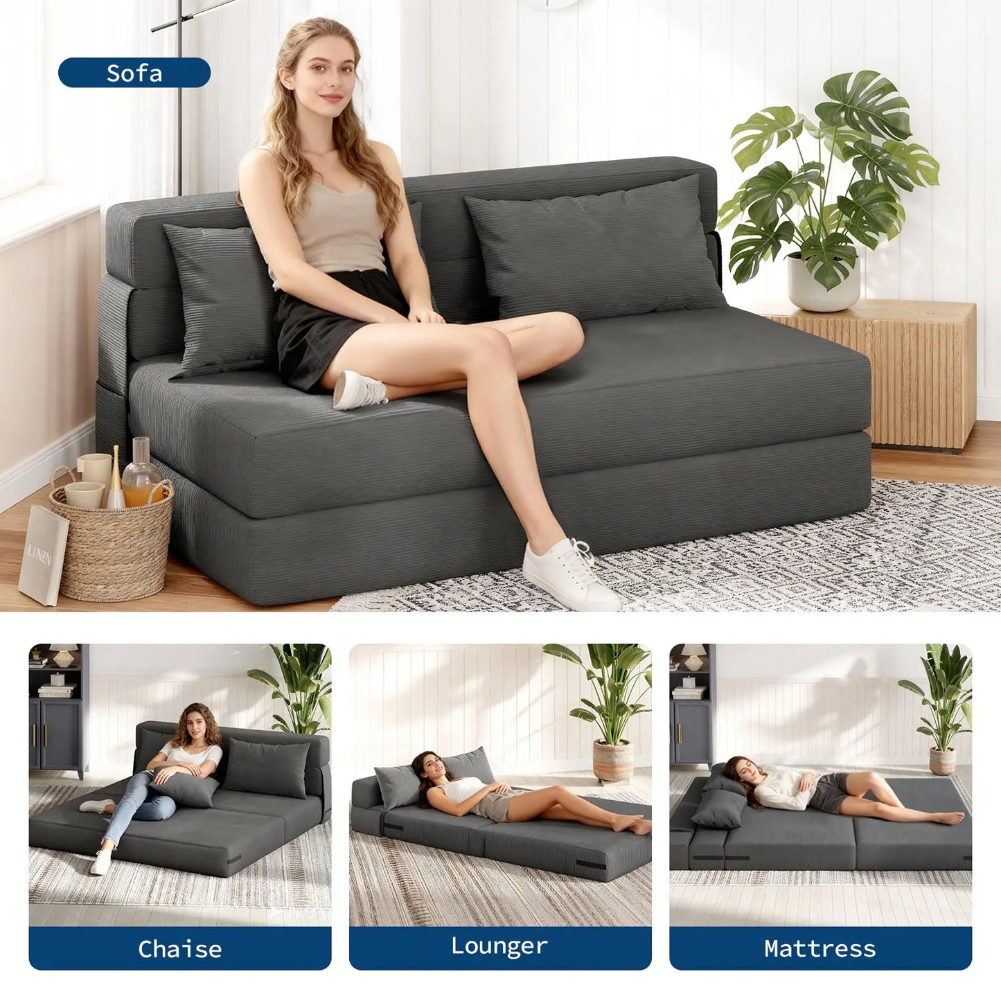 HobbyLane 4 In 1 Corduroy Folding Sofa Bed With Pillow
