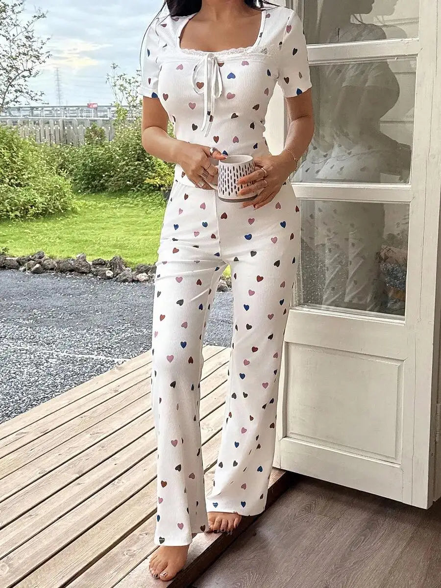 Heart Print Square Neck Ribbed Top And Flare Pants Set