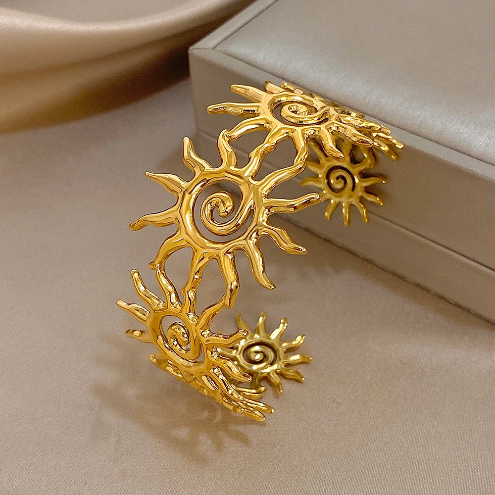 Slavena Stainless Steel Spiral Sun Totem Cuff Bracelet