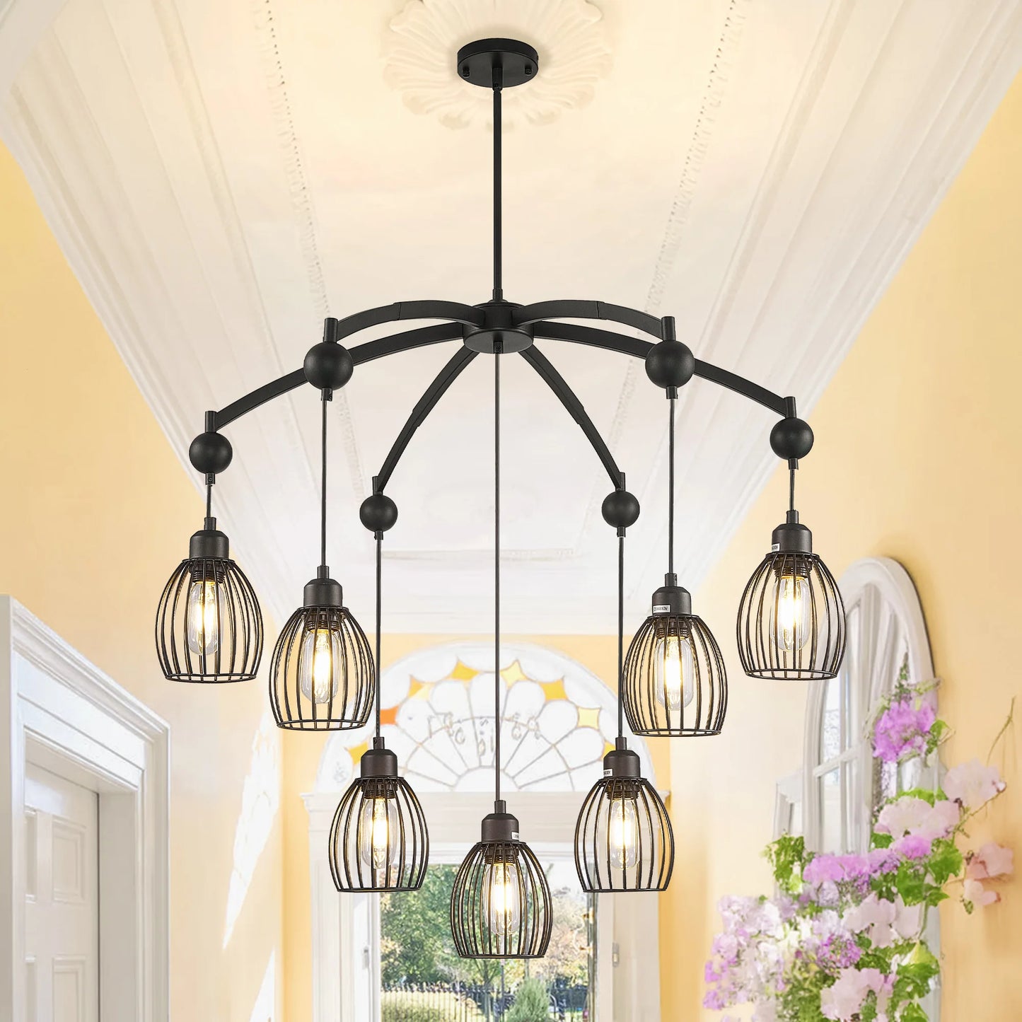 Modern Contemporary Lighting Industrial Adjustable Farmhouse Chandelier Unique Metal Cage with Black Rope Pendant Light Fixture