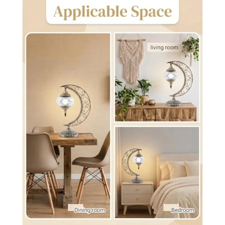 Turkish Mosaic Moon Lamp With Stained Glass Crescent Base