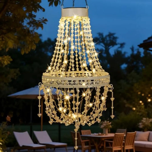 Hanging Solar Lantern Outdoor Chandelier Waterproof Crystal Pendant LED