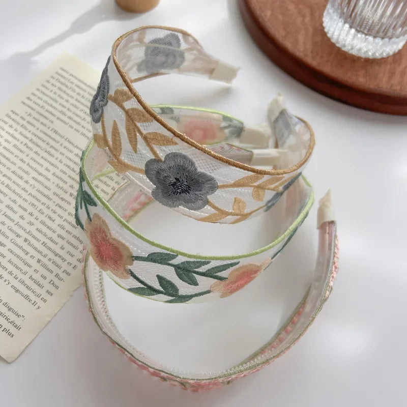 Elegant Chiffon Embroidered Flower Headband For Women Hair Accessories