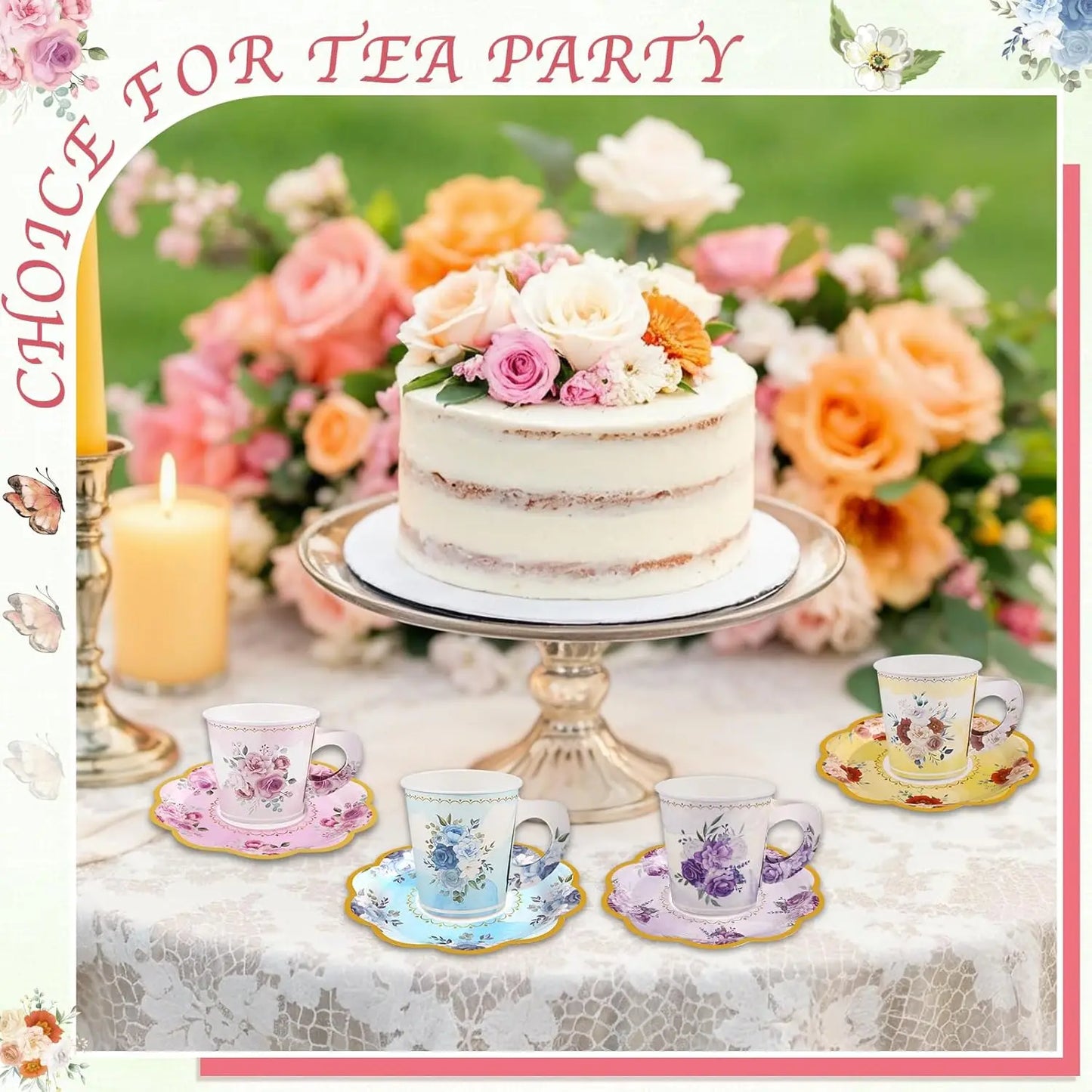 Floral Disposable Tea Cup Set With Handles And Saucers