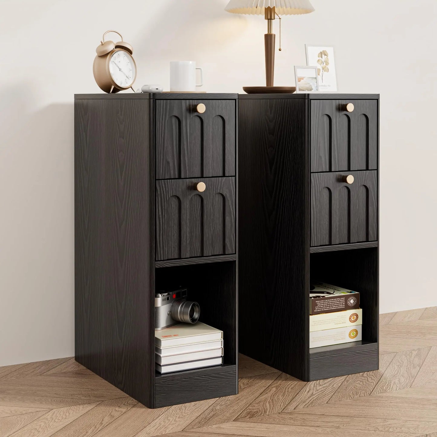 Narrow Fluted Wooden Nightstand With 2 Drawers Slim Bedside Cabinet