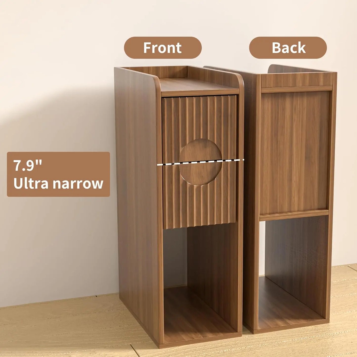 Narrow Fluted Wooden Nightstand With 2 Drawers Slim Bedside Cabinet