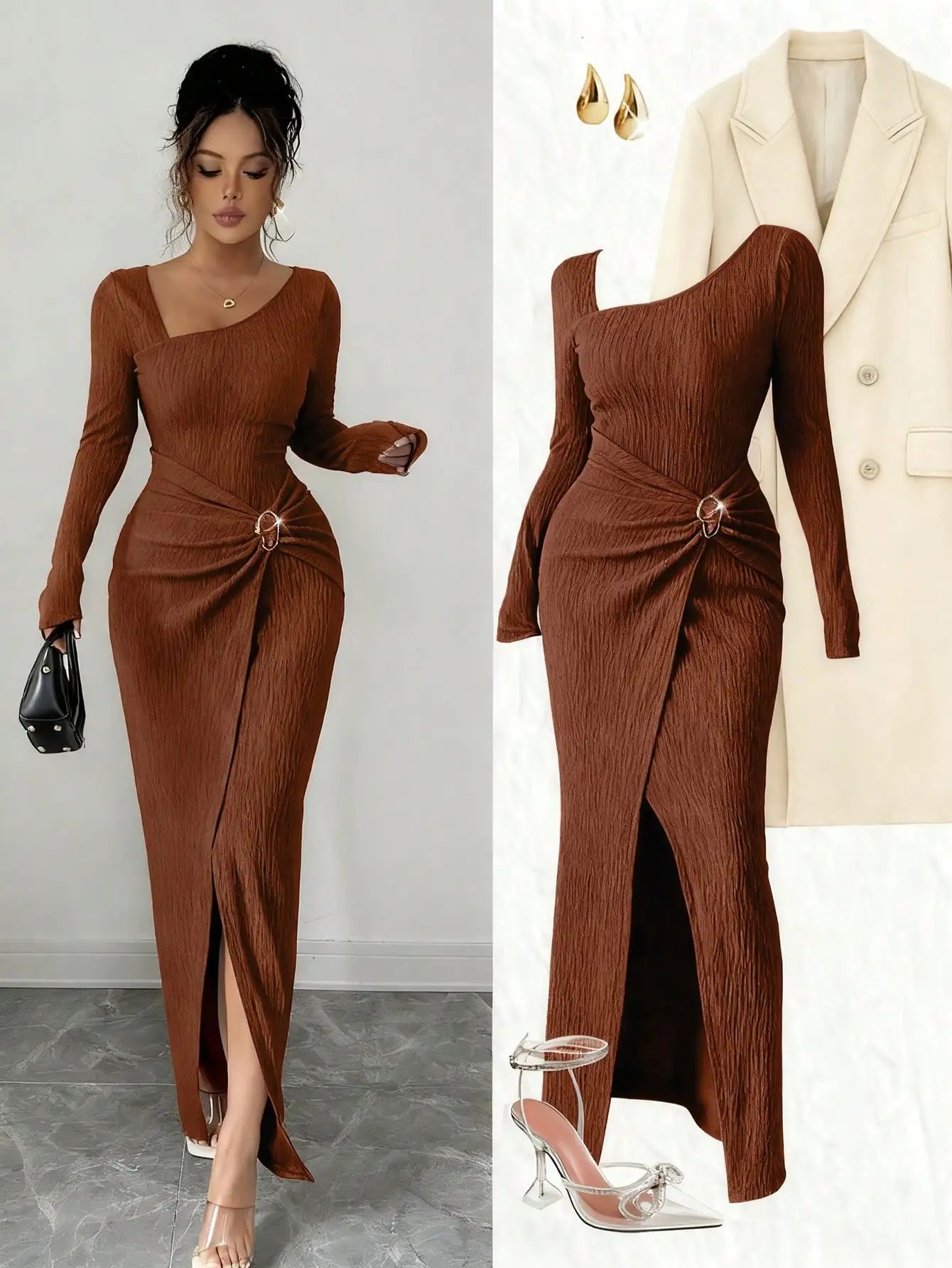 Asymmetrical Neck Knitted Bodycon Dress With Twist Waist Side Slit