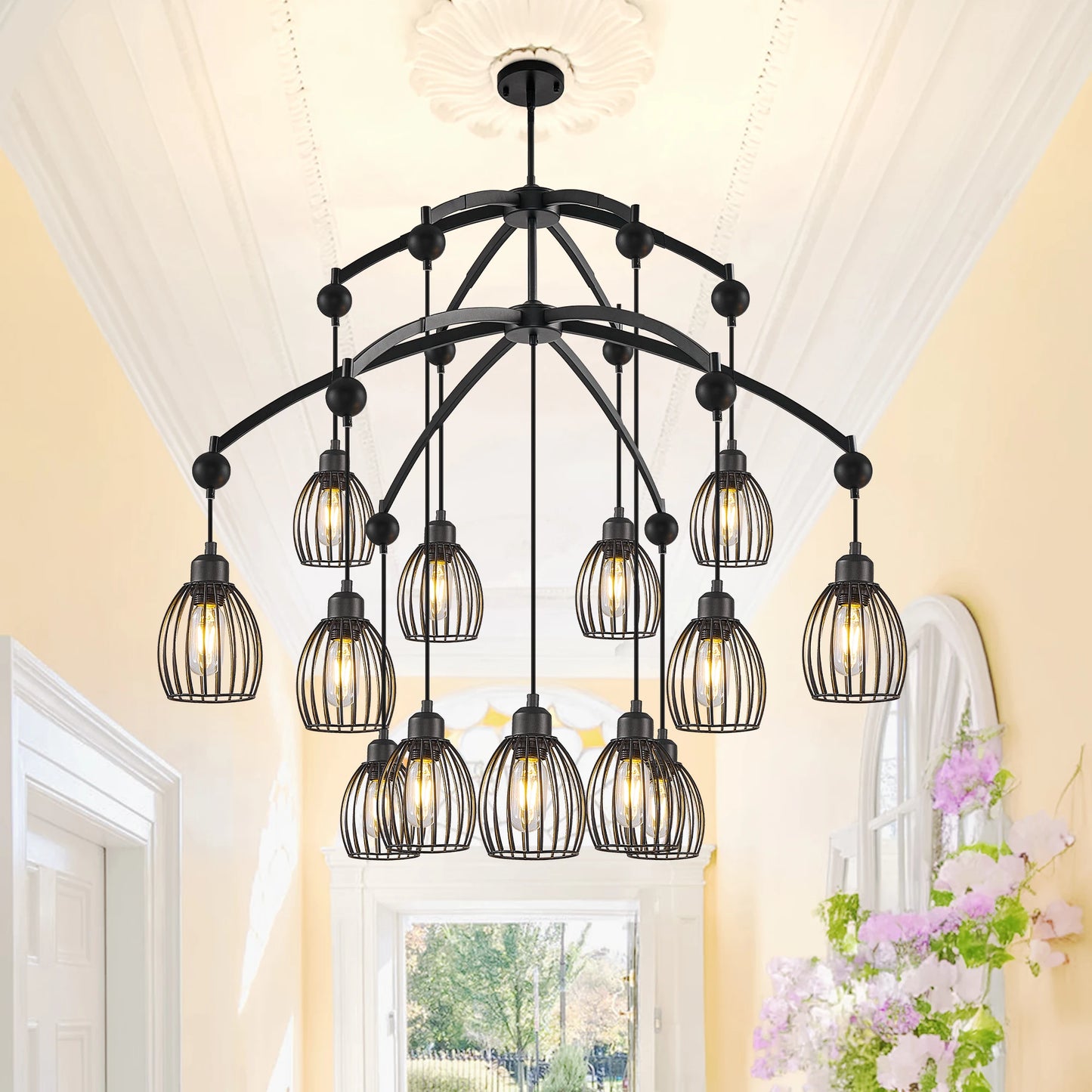 Modern Contemporary Lighting Industrial Adjustable Farmhouse Chandelier Unique Metal Cage with Black Rope Pendant Light Fixture