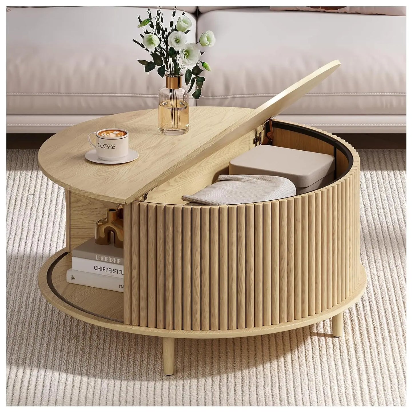Round Coffee Table with Storage, 31.5" Fluted Center Table for Living Room, Modern Walnut Wood Circle Drum Table, Customized