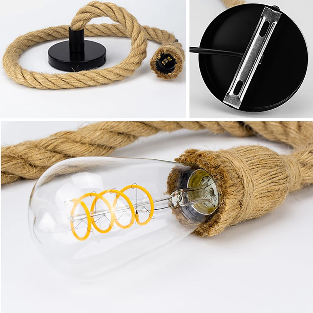 COOINJOY Industrial E27 Hemp Rope Pendant Lights