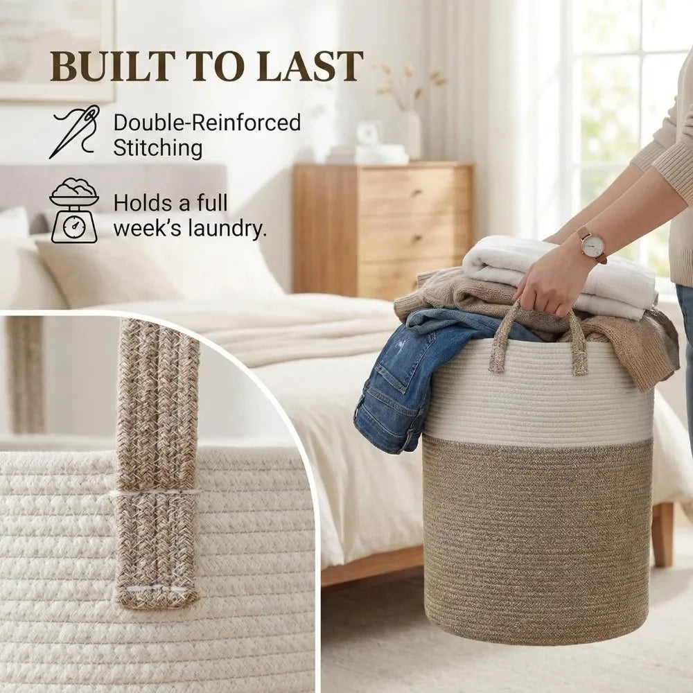 Woven Laundry Basket Hamper Cotton Rope Storage Bin