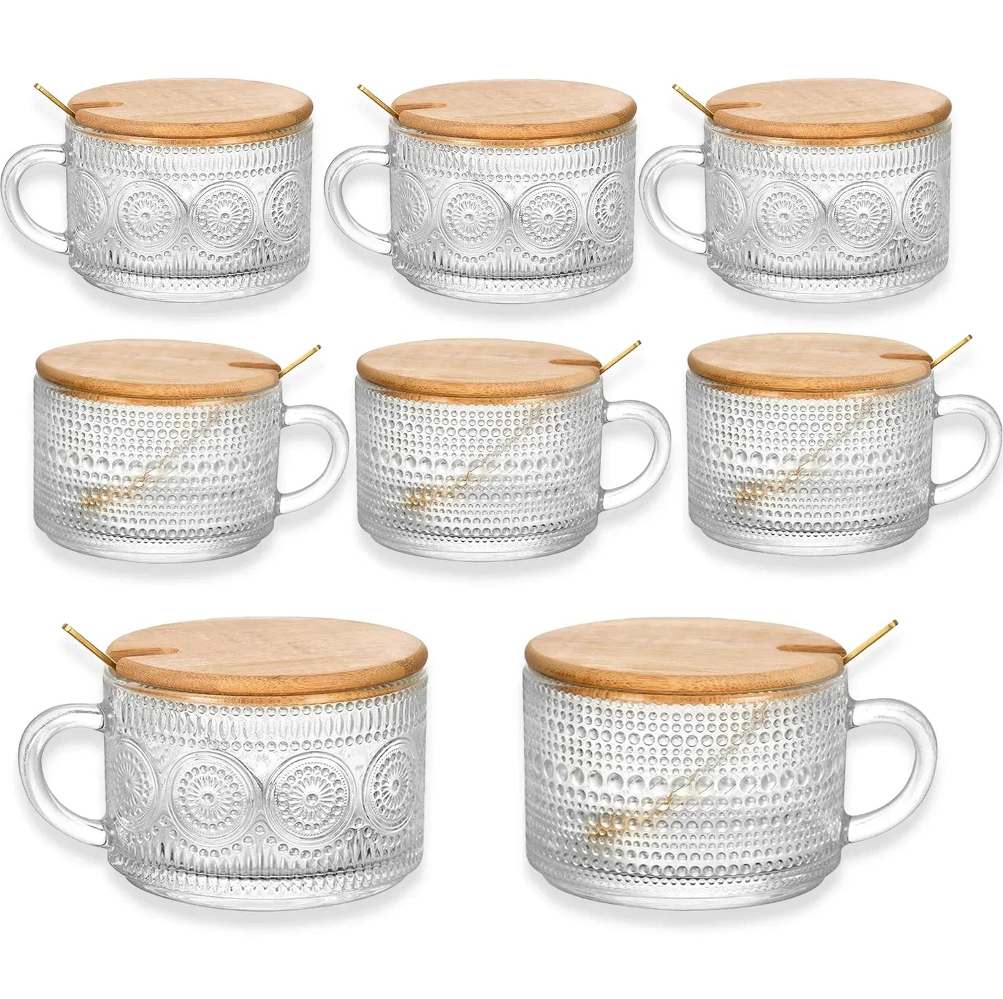 Glass Mugs With Embossed Pattern Bamboo Lids Gold Spoons