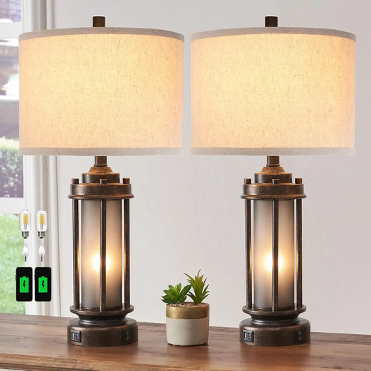 Set of 2 Rustic Farmhouse Lamps with USB Ports, Night Light, and 4 Bulbs for Living Room or Bedroom