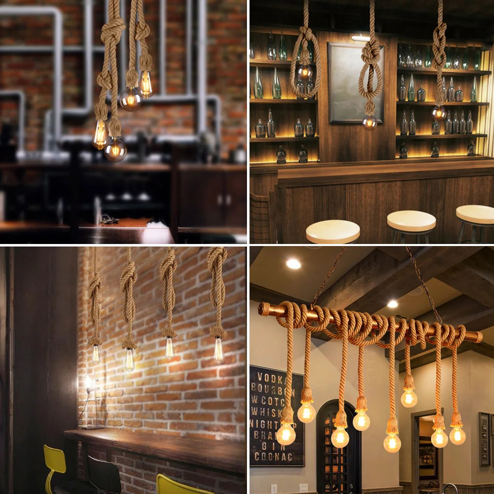 COOINJOY Industrial E27 Hemp Rope Pendant Lights