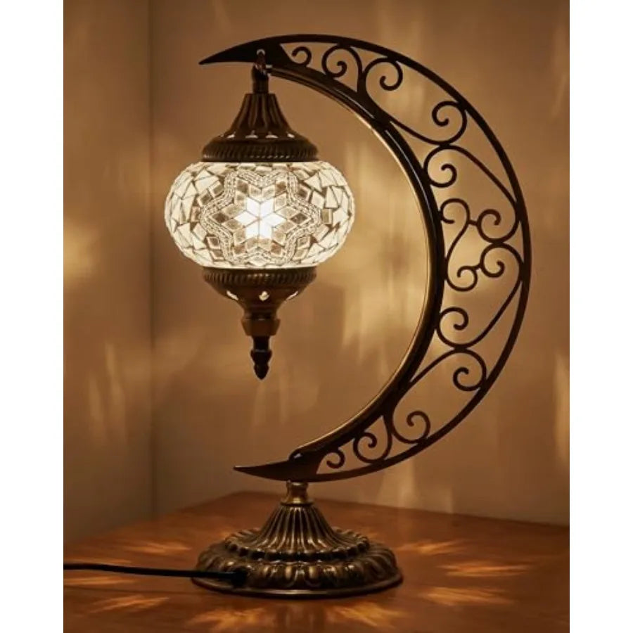 Turkish Mosaic Moon Lamp With Stained Glass Crescent Base
