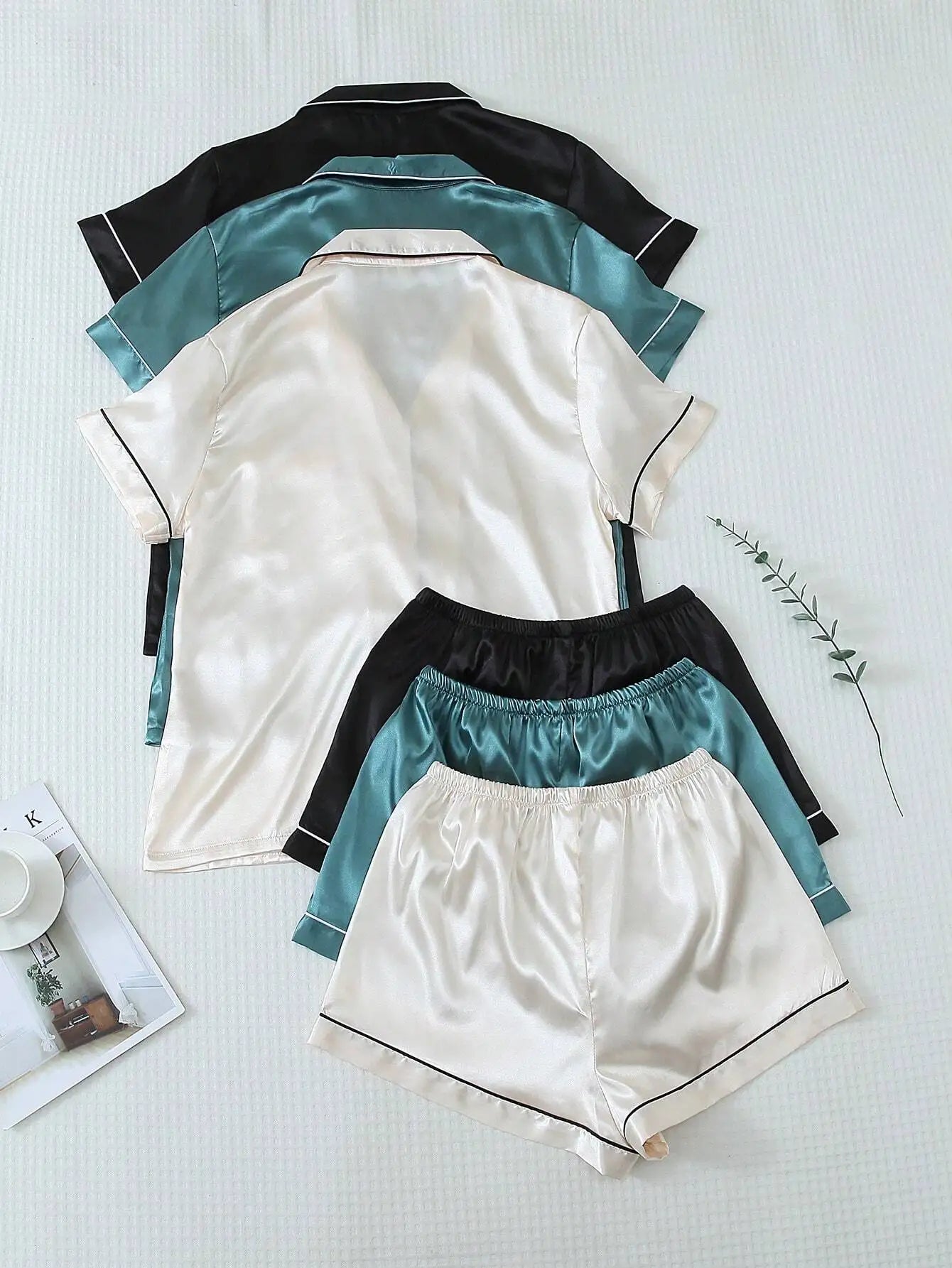 Satin Pajama Set For Women Button-Up Top And Bow-Trim Shorts
