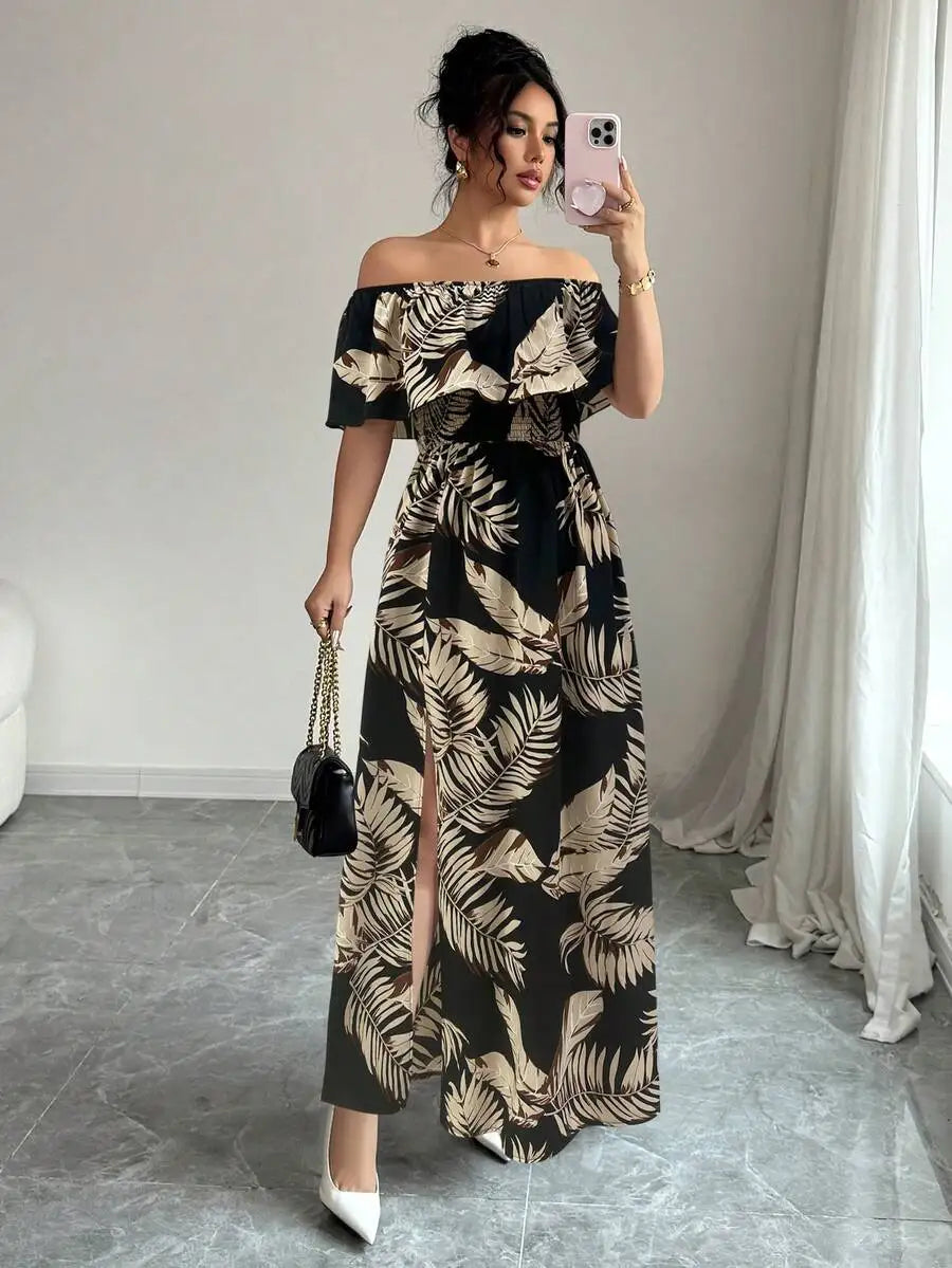 Off Shoulder Floral Maxi Dress With Side Slit And Ruffles