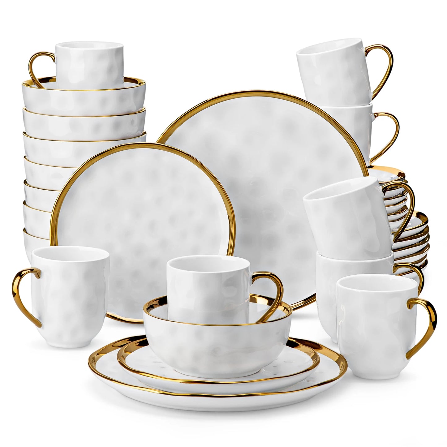 MALACASA White Stoneware Dinnerware Set With Gold Trim