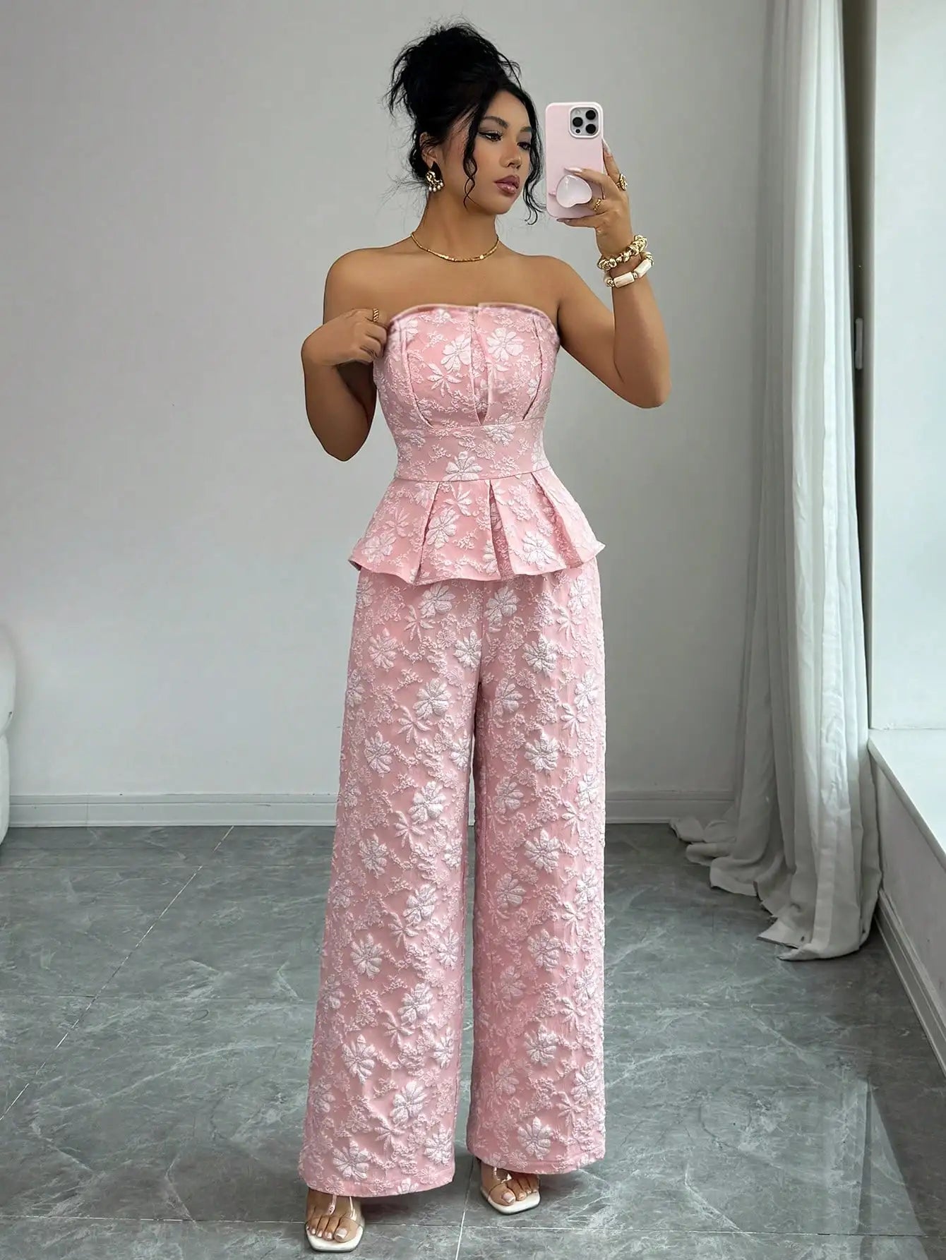 Floral Jacquard Strapless Peplum Top And Wide Leg Pants Set