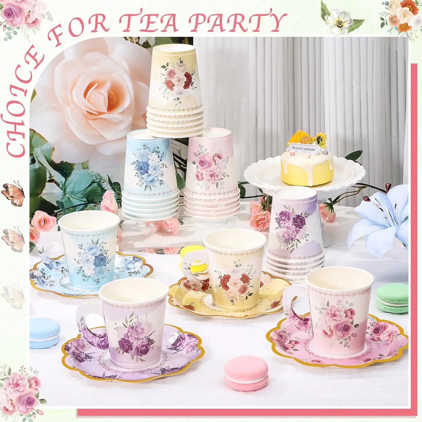Floral Disposable Tea Cup Set With Handles And Saucers