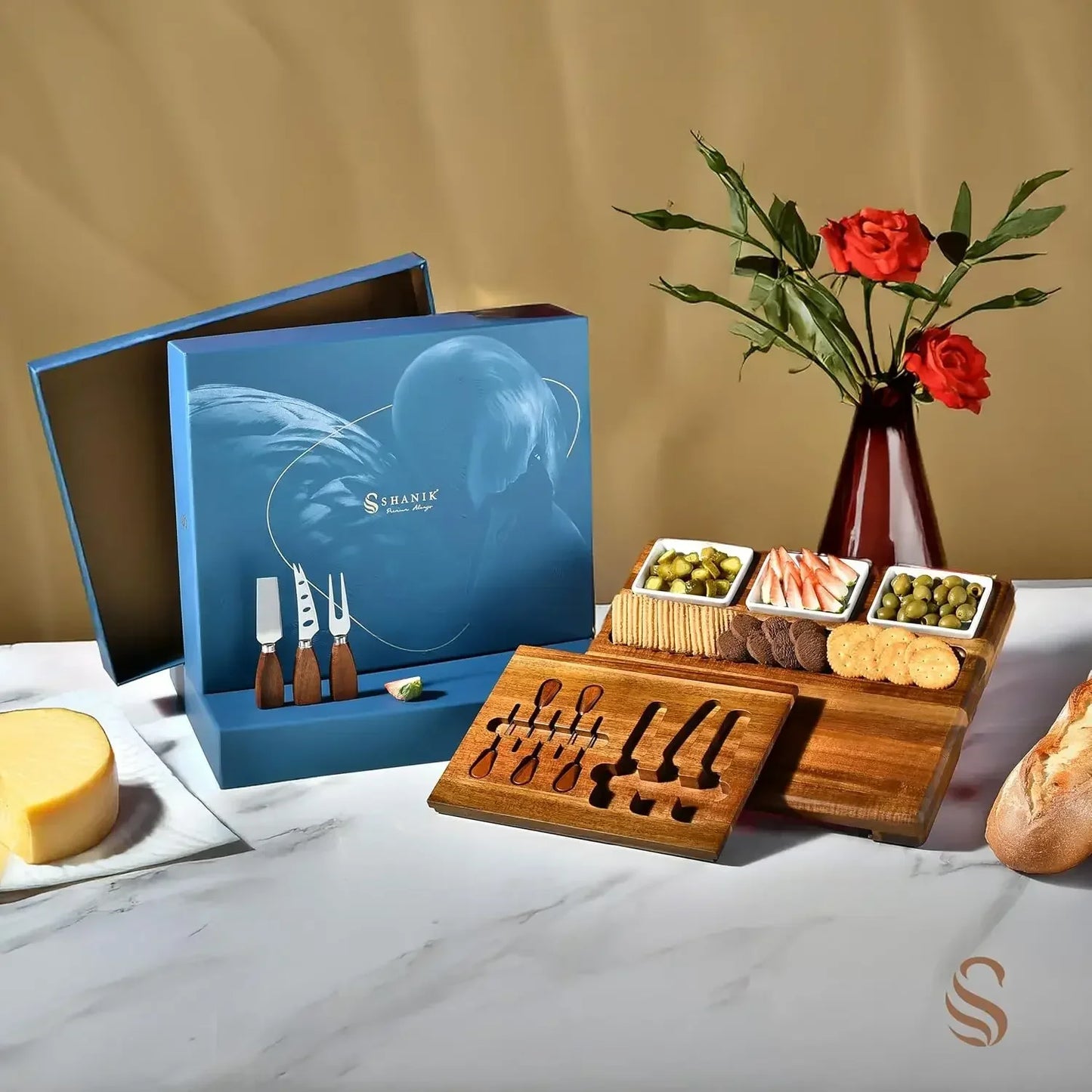 Acacia Wood Charcuterie Board Set With Ceramic Bowls And Utensils