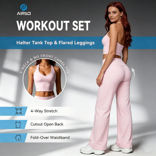 Airila Halter V Neck Yoga Set Two Piece Backless Crop Top Flared Pants