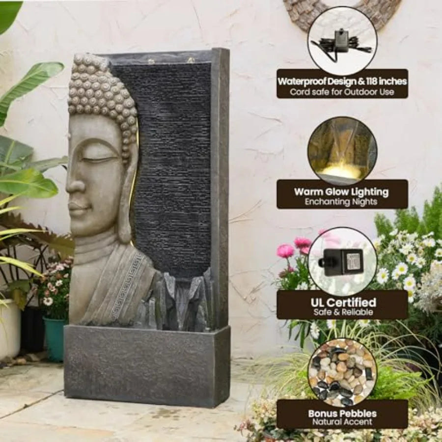 Buddha Outdoor Water Fountain With LED Lights And Zen Bubblers