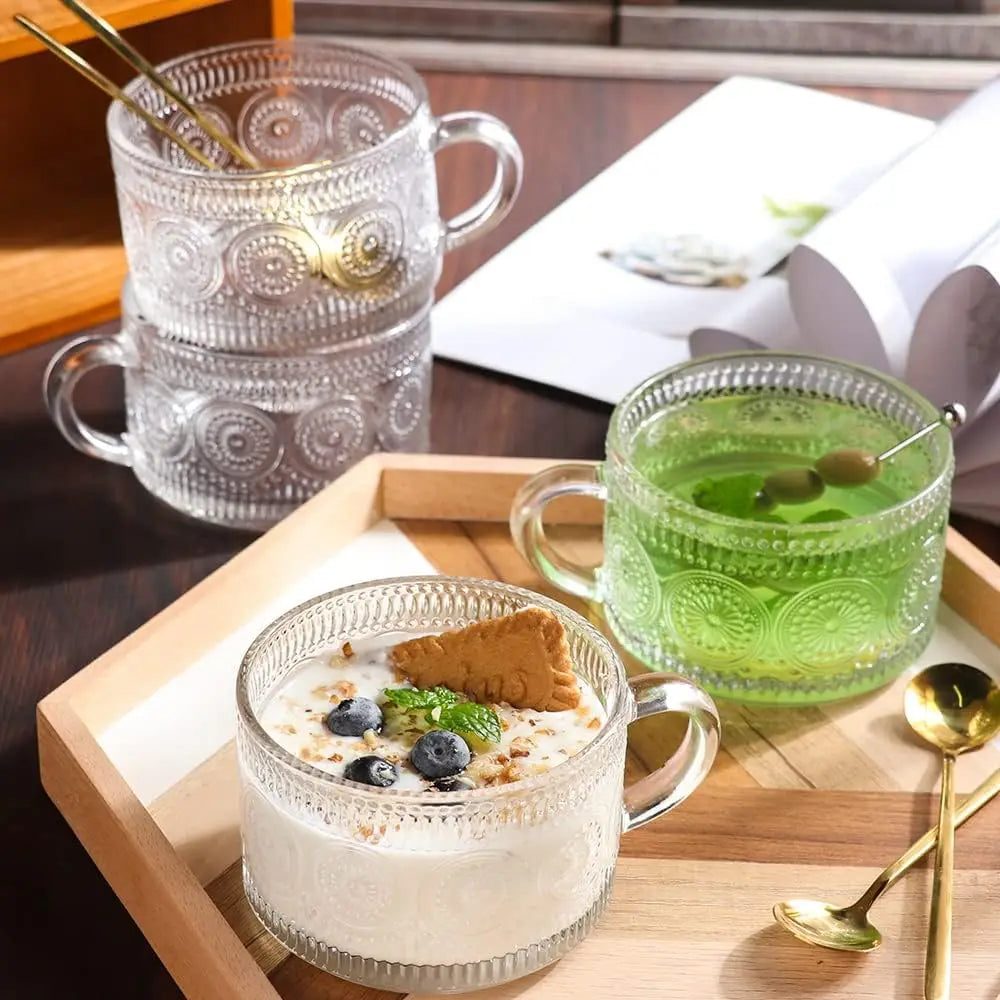 Vintage Embossed Glass Coffee Mugs With Bamboo Lids And Spoons
