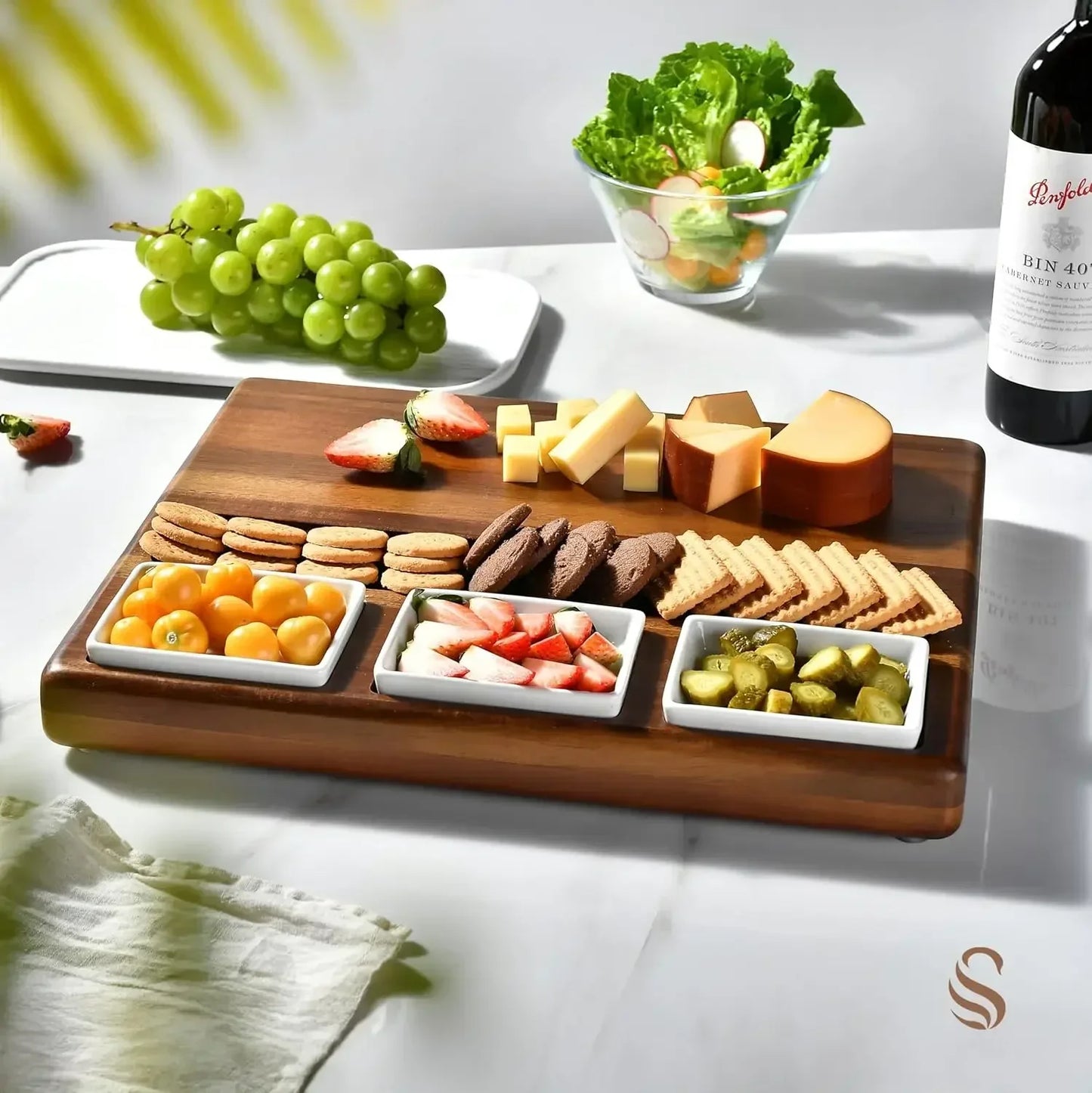 Acacia Wood Charcuterie Board Set With Ceramic Bowls And Utensils