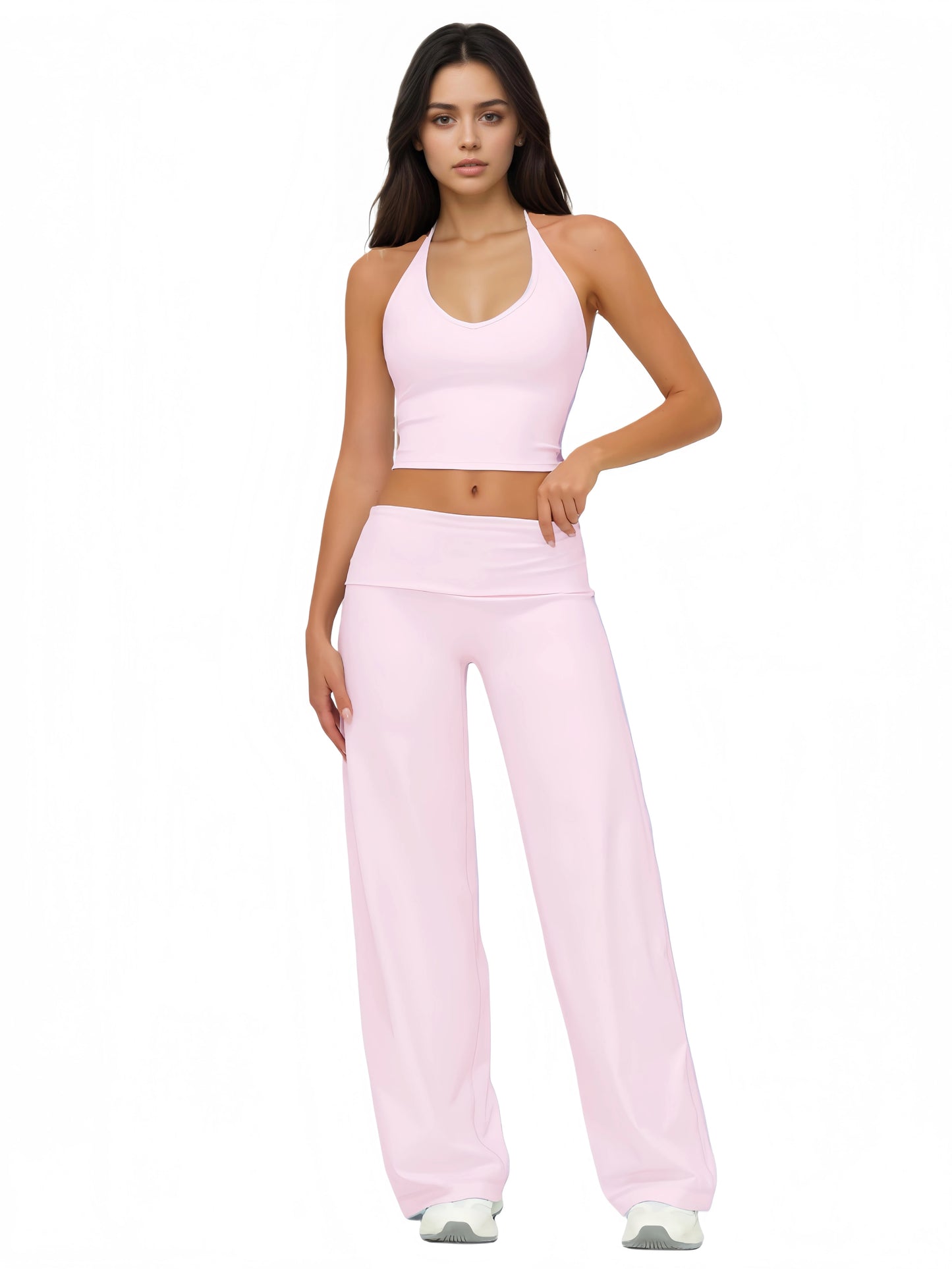 Airila Halter V Neck Yoga Set Two Piece Backless Crop Top Flared Pants