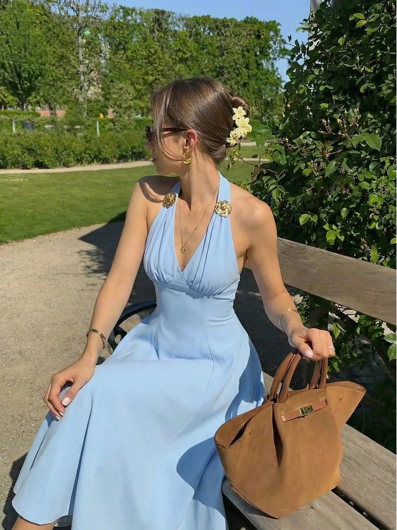 Elegant Halter Neck Midi Dress With 3D Floral Accents
