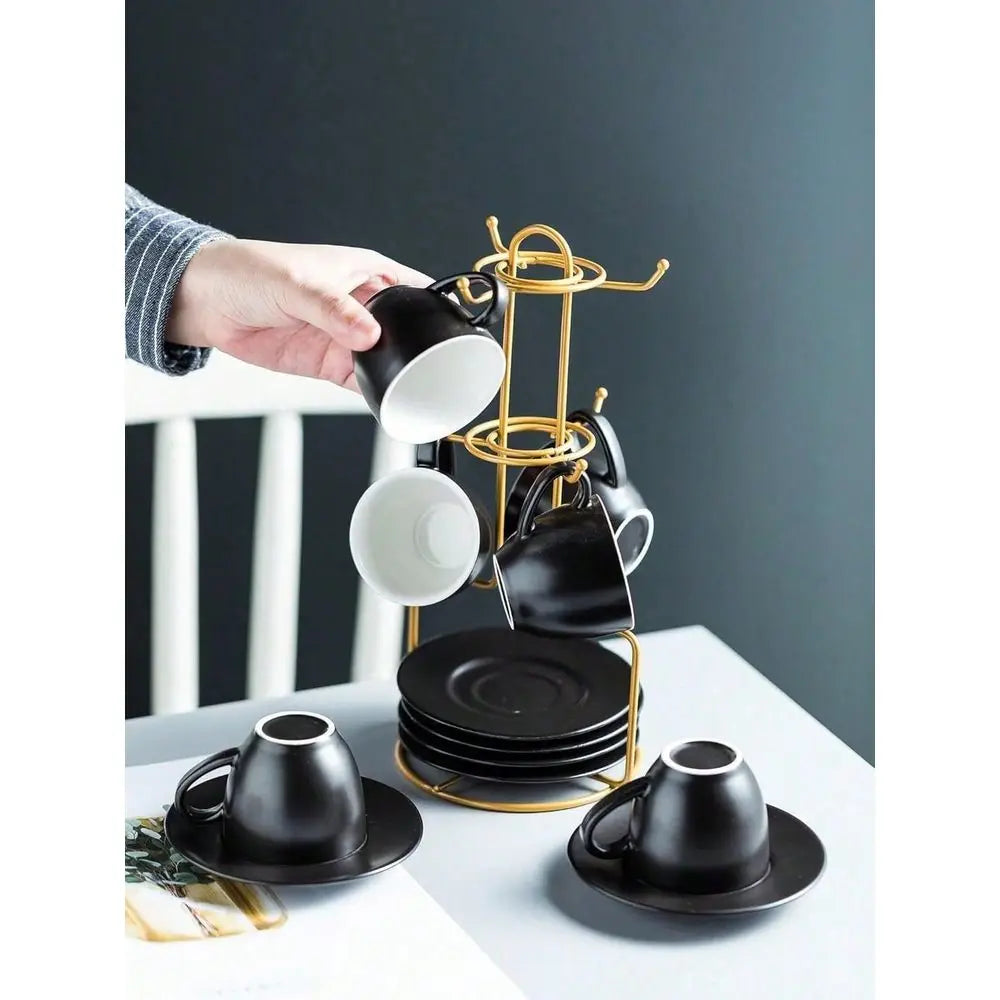 Ceramic Espresso Cups With Saucers And Metal Stand