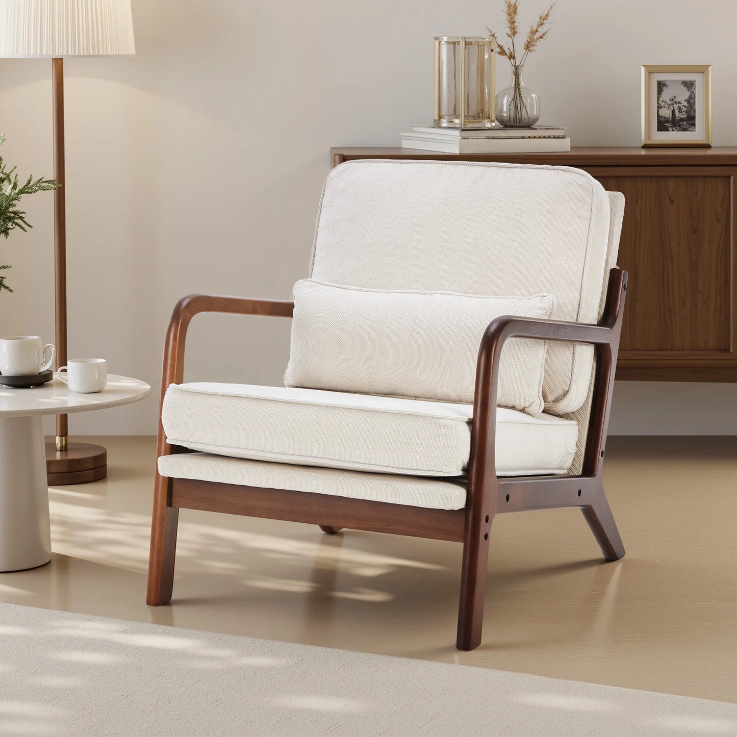 JHK Mid Century Modern Wooden Chair With Armrests And Cushion
