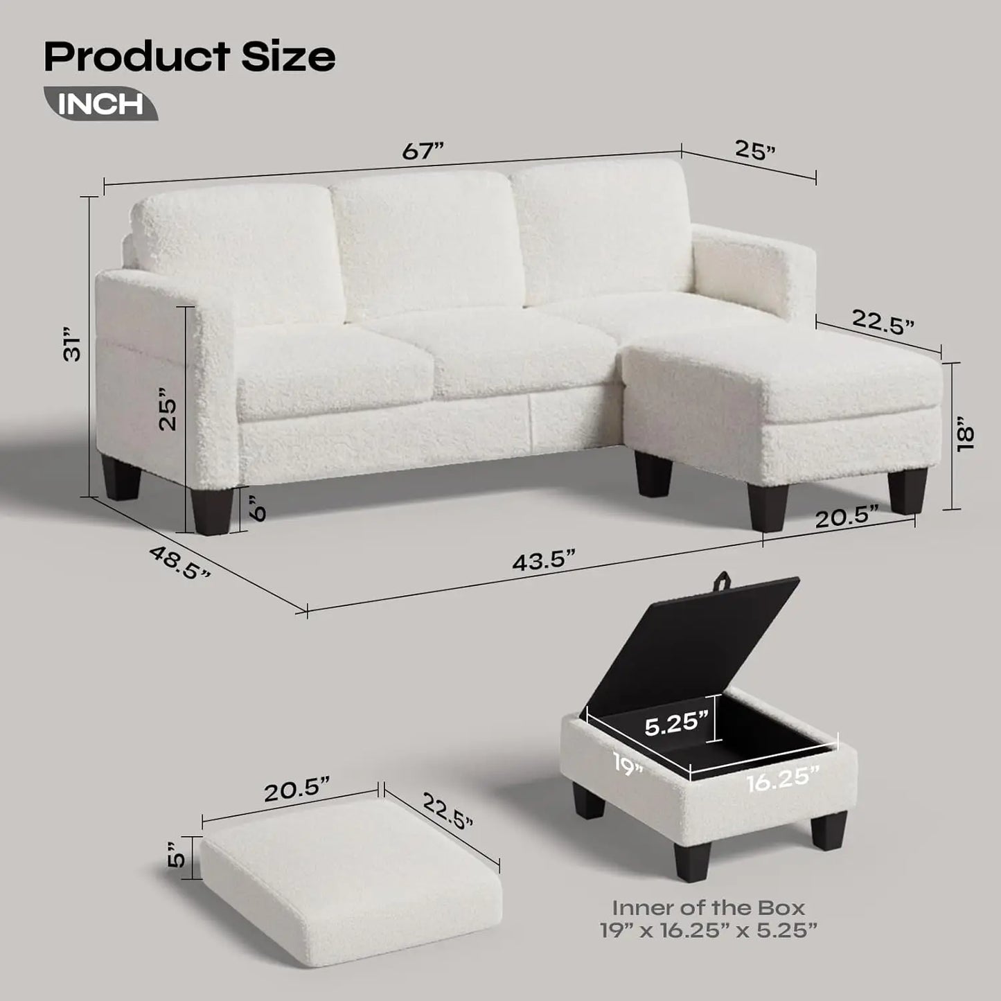 L-Shape Sectional Sofa Reversible Chaise Boucle Spring Cushion Living Room Apartment Small Space, Customized