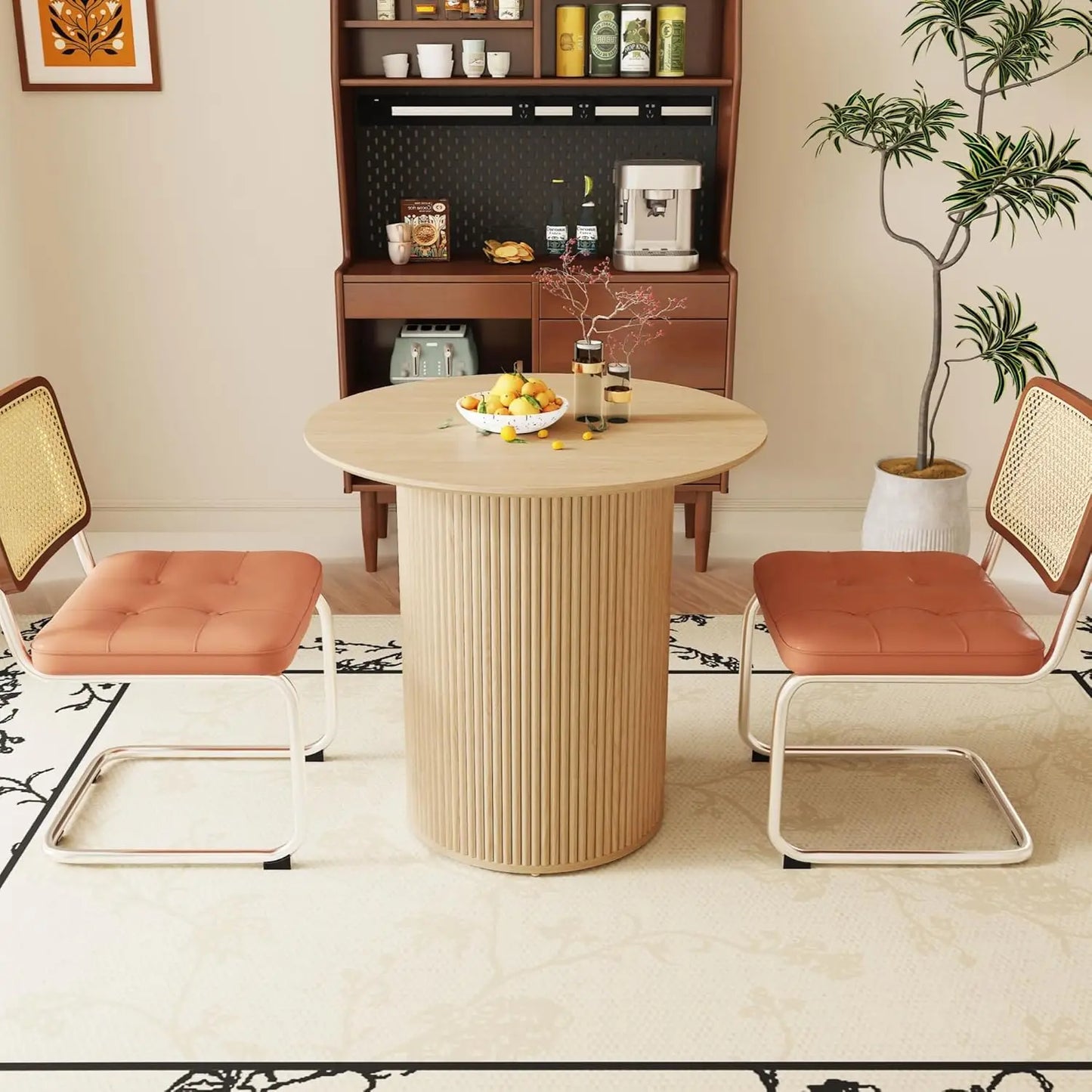 31.5" Round Dining Table for 2 People, Small Kitchen Dinner Table with Fluted Wood Base, Farmhouse Circle Dining, Customized
