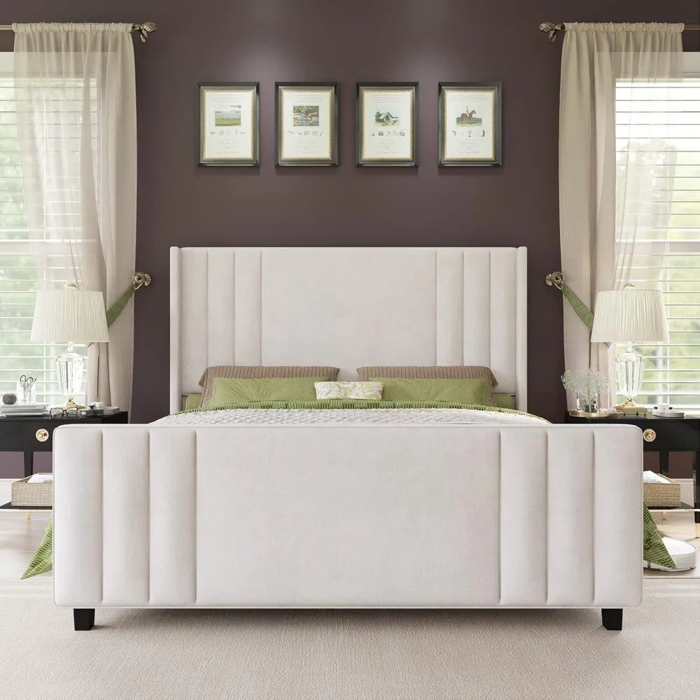 Velvet Upholstered Platform Bed With Vertical Channel Tufting And Wingback