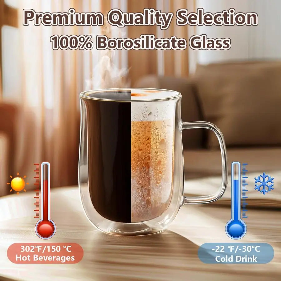 Double Walled Glass Coffee Mugs 16 OZ, Borosilicate Glass Coffee Cups Set of 4 with Spoons, Insulated Clear Coffee Mug for Hot B