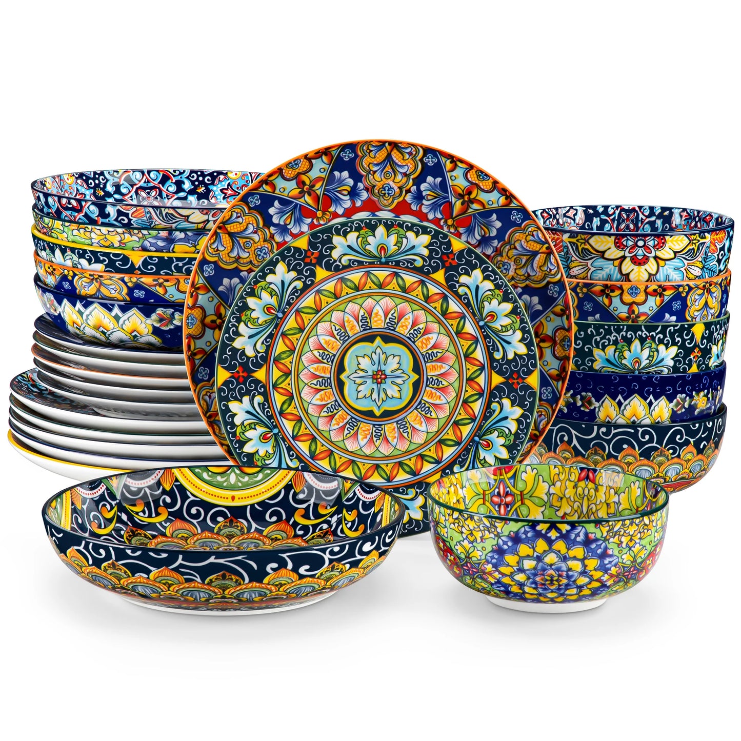 MALACASA 24 Piece Porcelain Dinnerware Set Bohemian Style Plates And Bowls