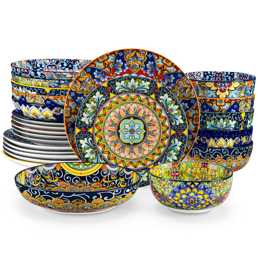 MALACASA 24 Piece Porcelain Dinnerware Set Bohemian Style Plates And Bowls