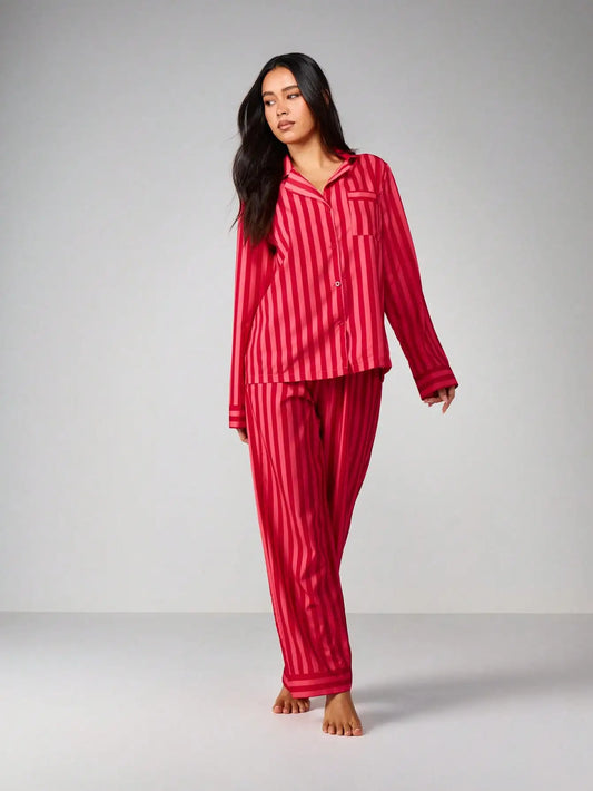 Red and Pink Striped Long Sleeve Button-Up Pajama Set for Women