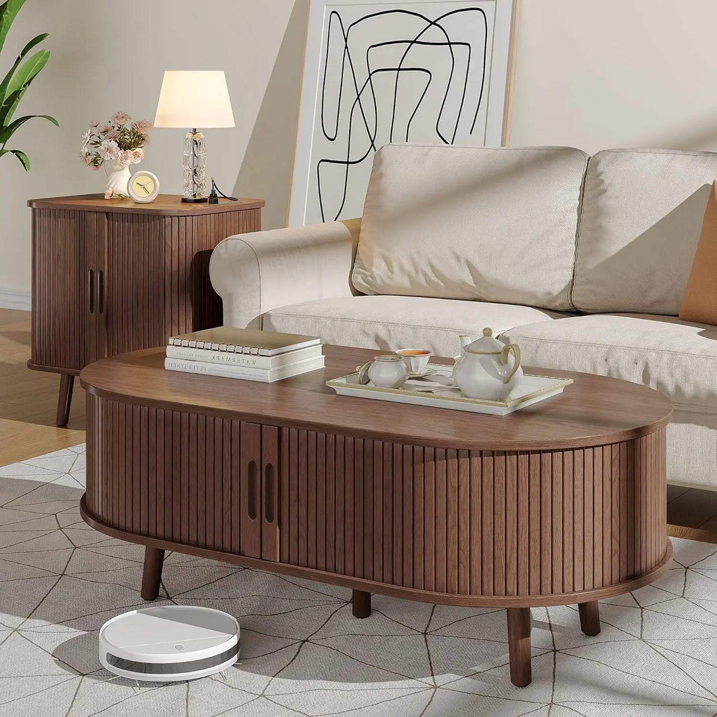Mid Century Oval Coffee Table With Sliding Tambour Door
