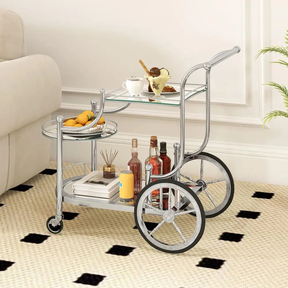 Glass Rolling Bar Cart With Mirrored Shelves And Wheels