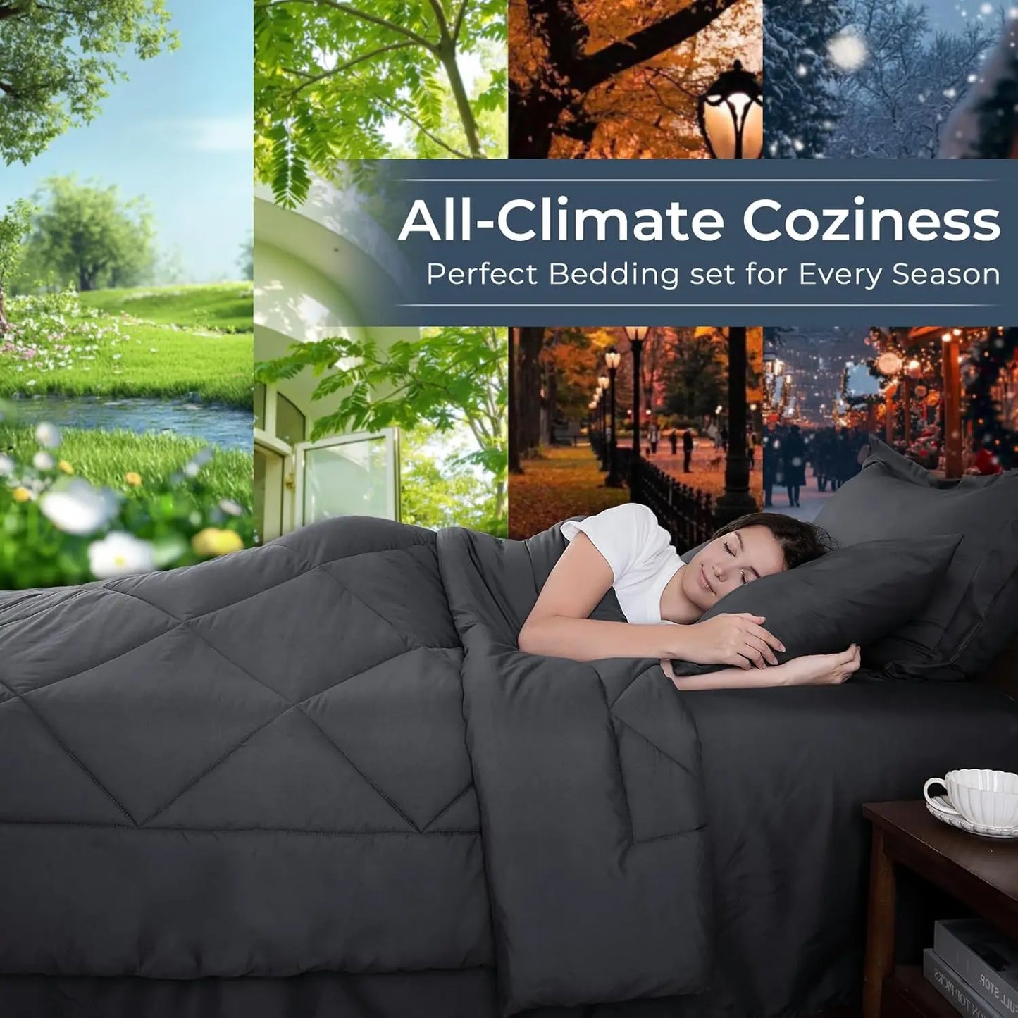 7-Piece Queen Comforter Set, All Season Reversible Bedding with Grey Comforter, Sheets, Pillowcases