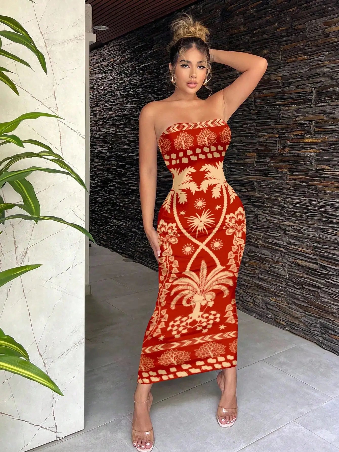 Bohemian Green Tropical Print Strapless Bodycon Dress For Vacation